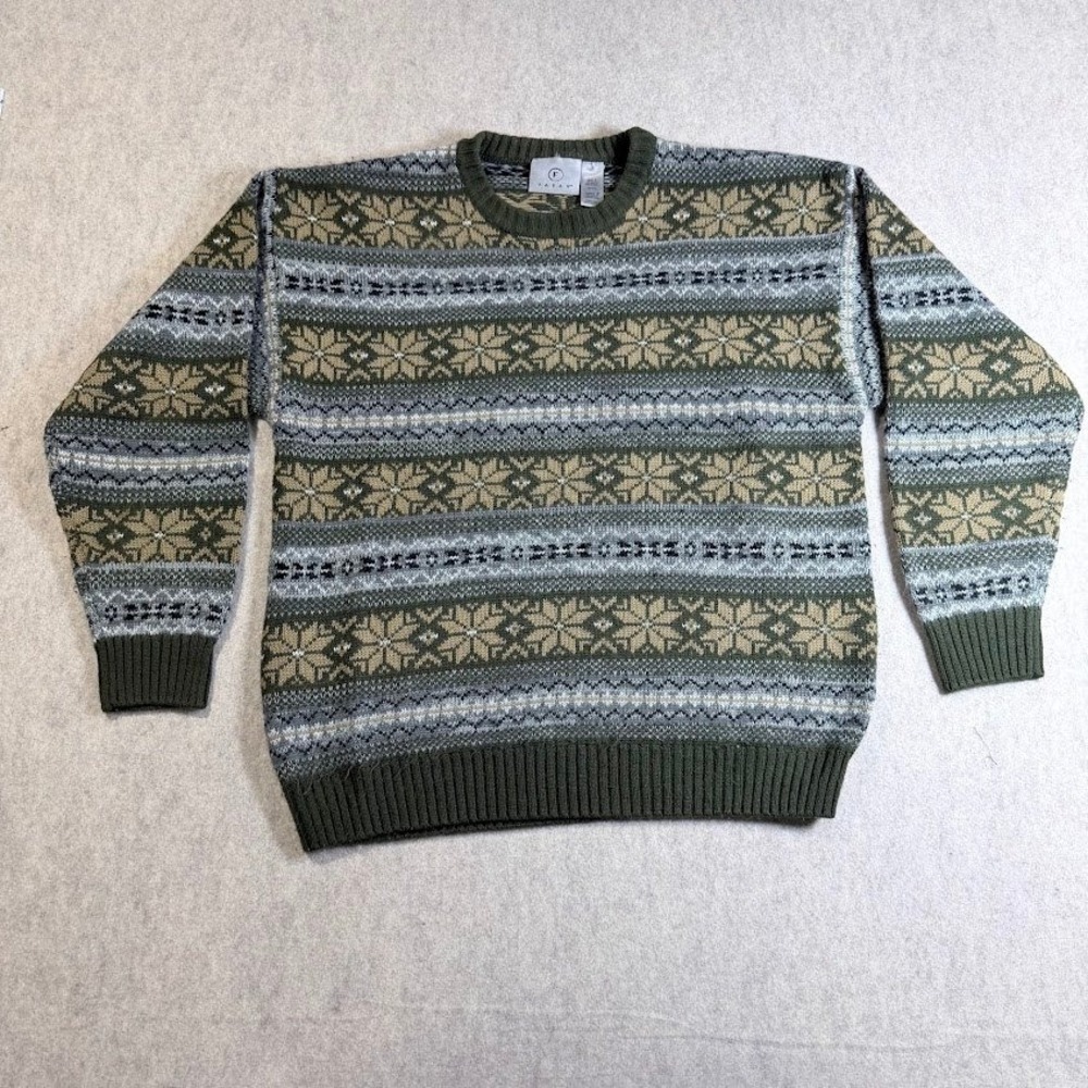 Farah Sweater Mens Large Green Acrylic Fair Isle‎ Knit Pullover Classic Winter L